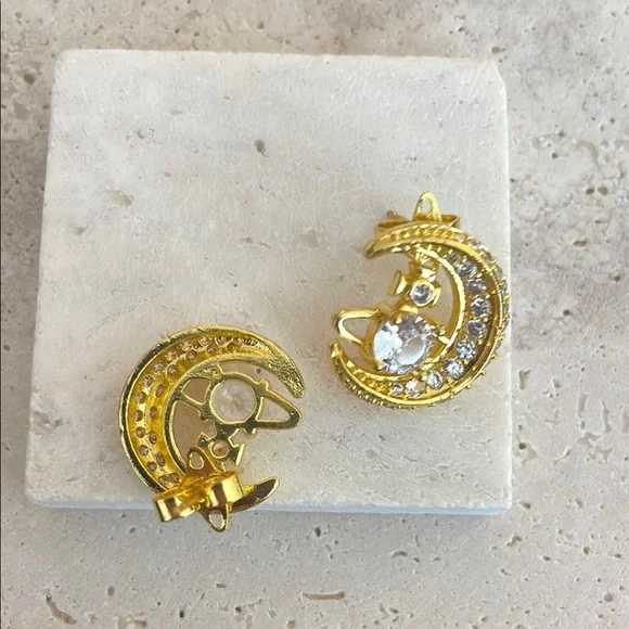 Vivienne Westwood Gold Crescent Moon Earrings with Crystal Accents - Picture 2 of 2